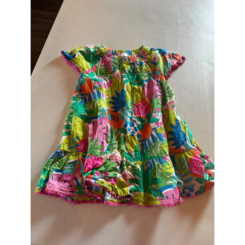 Boden Girls Tropical Fruit Floral Pom Pom Trim Dress Multi Color 5-6Y 116cm